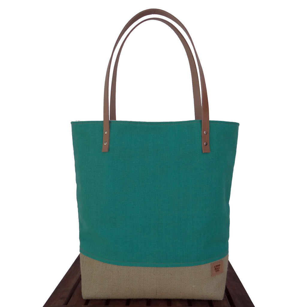Panama Capri and Burlap Tote Bag - Teal and Beige - 1820 Bag Co.