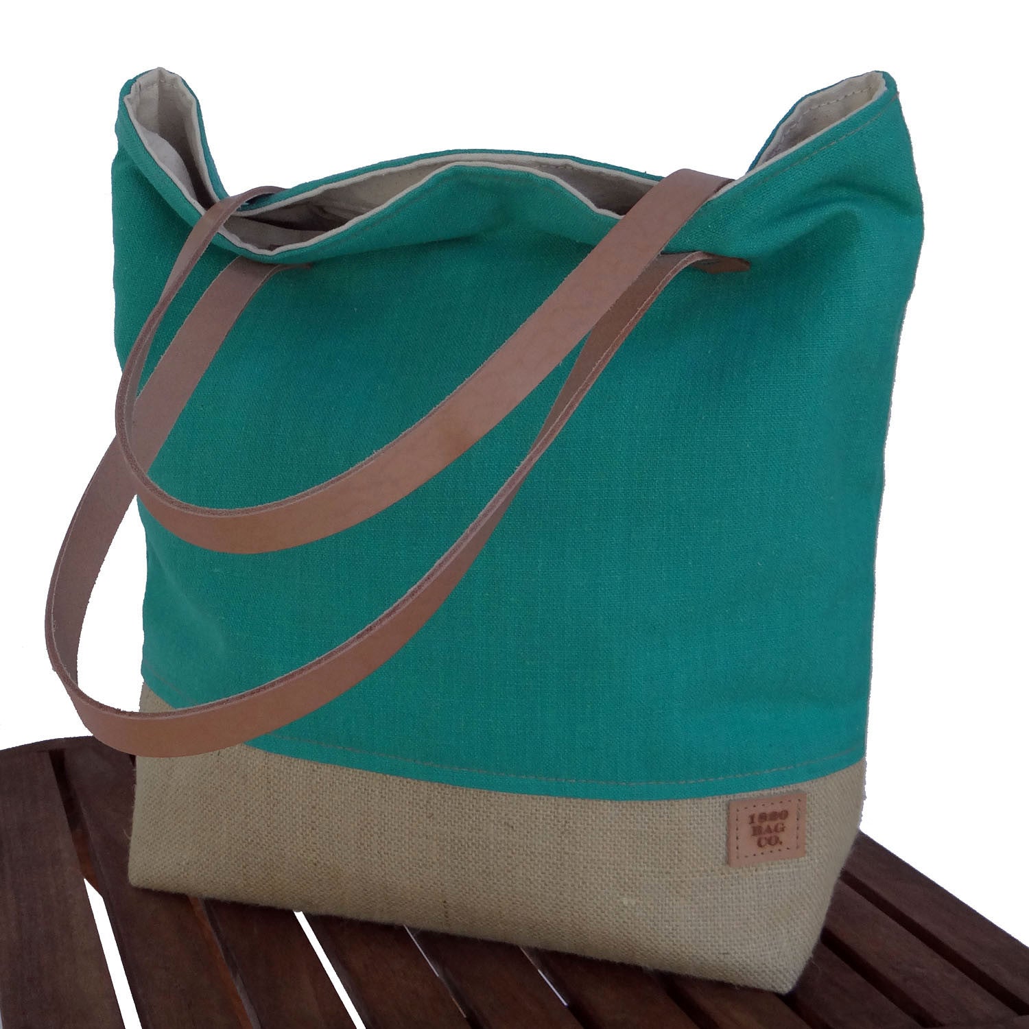 Panama Capri and Burlap Tote Bag - Teal and Beige - 1820 Bag Co.