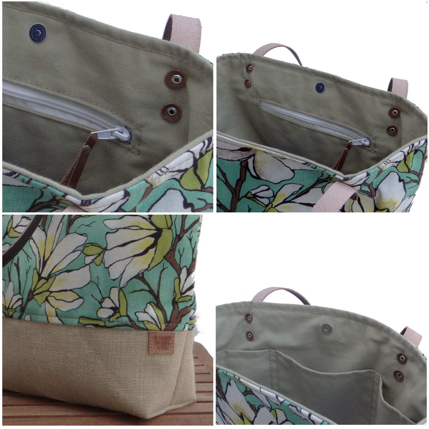 Panama Linen and Burlap Tote Bag - Floral and Beige - 1820 Bag Co.