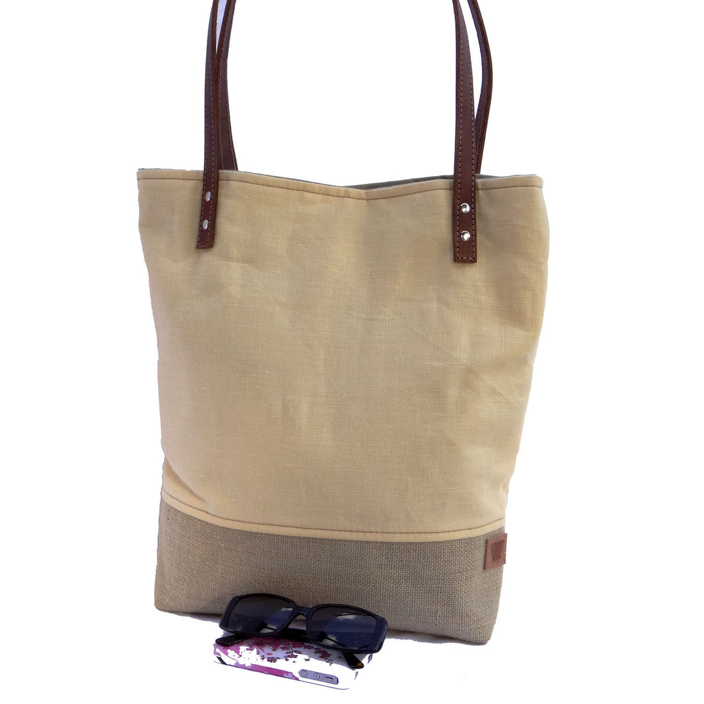 Panama Linen and Burlap Tote Bag - Yellow and Beige - 1820 Bag Co.