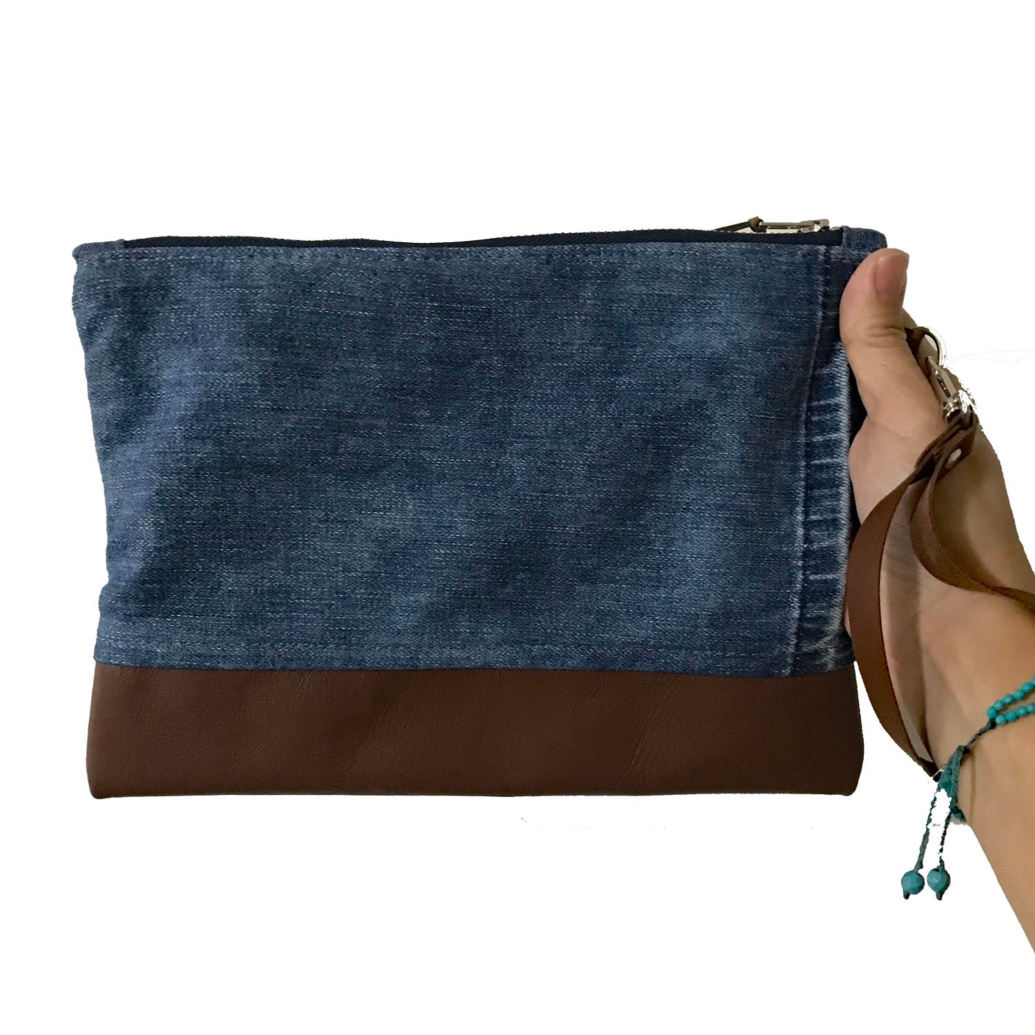 Marianna Repurposed Denim & Leather Zippered Wristlet - 1820 Bag Co.