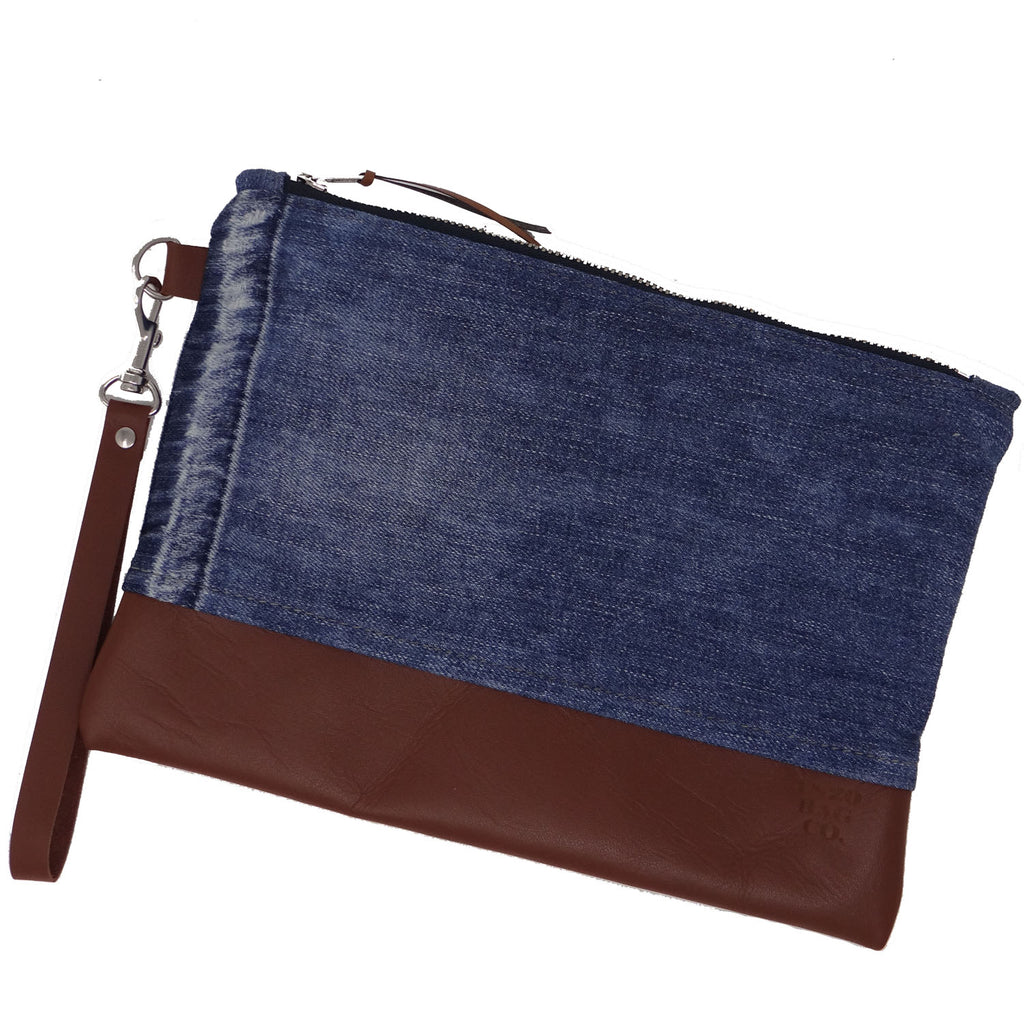 Marianna Repurposed Denim & Leather Zippered Wristlet - 1820 Bag Co.