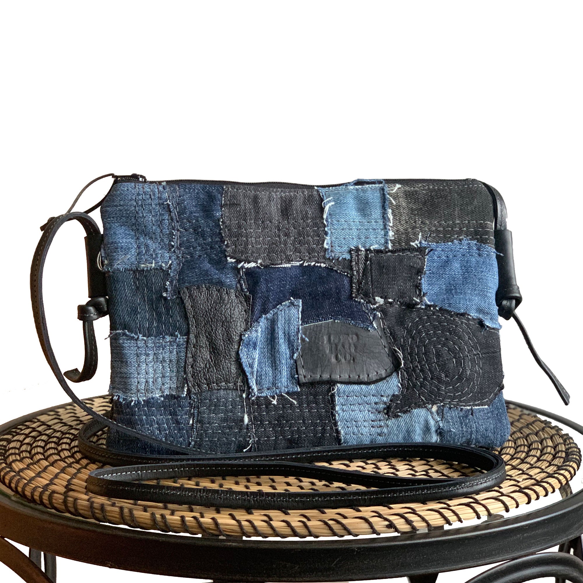 Juno Repurposed Denim &amp; Leather Zippered Crossbody - 1820 Bag Co.