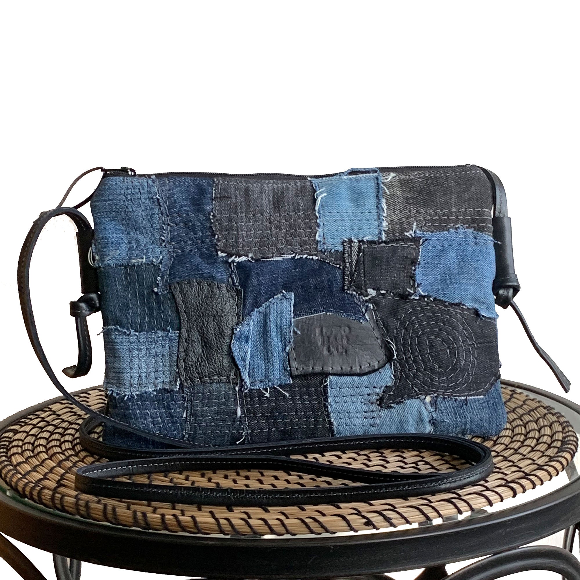 Juno Repurposed Denim &amp; Leather Zippered Crossbody - 1820 Bag Co.