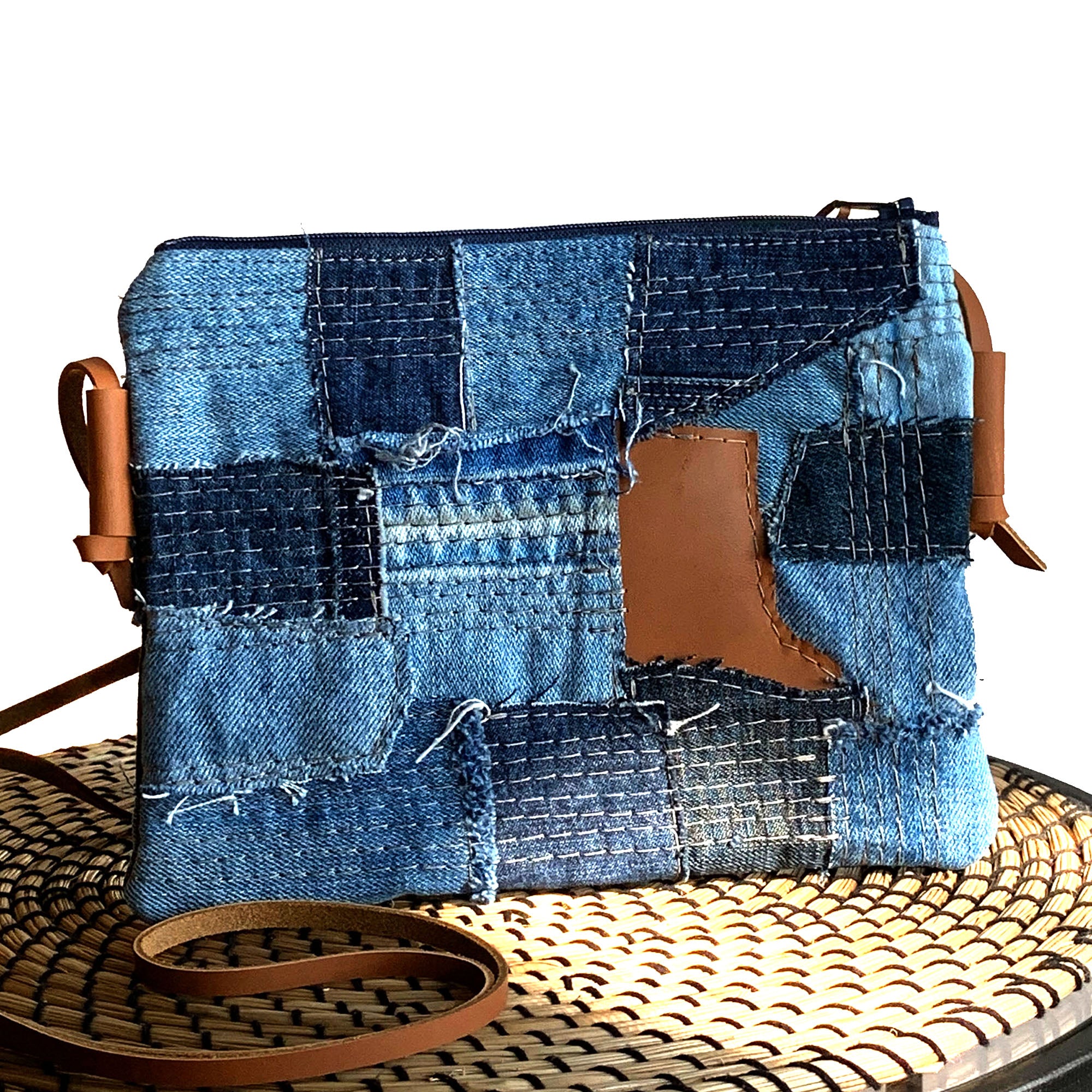 Juno Repurposed Denim &amp; Leather Zippered Crossbody - 1820 Bag Co.