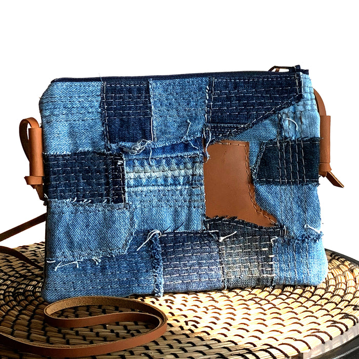 Juno Repurposed Denim & Leather Zippered Crossbody - 1820 Bag Co.