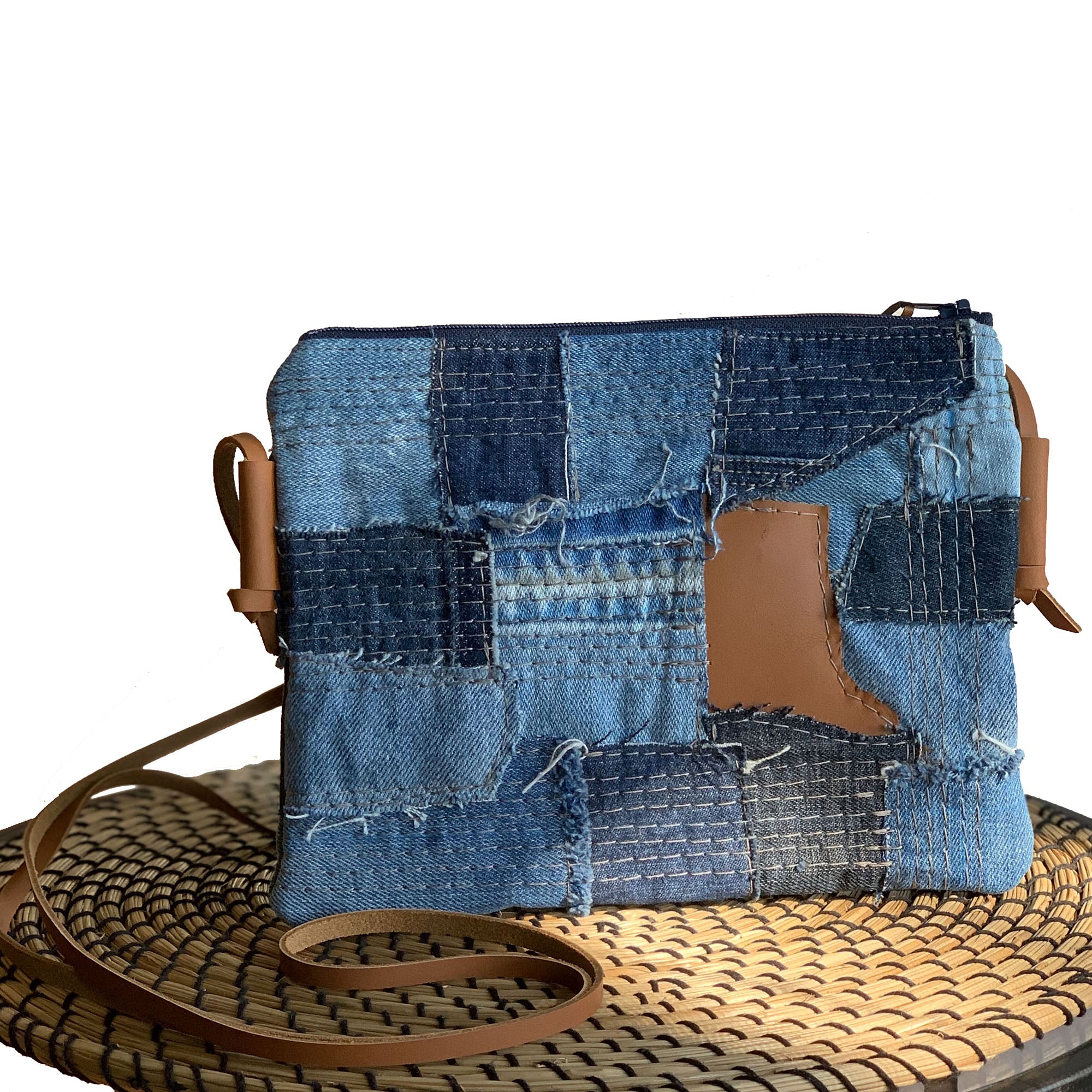 Juno Repurposed Denim &amp; Leather Zippered Crossbody - 1820 Bag Co.