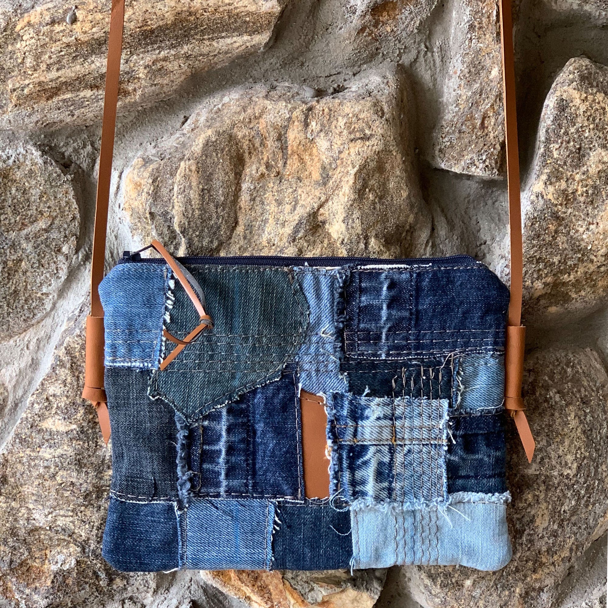 Juno Repurposed Denim &amp; Leather Zippered Crossbody - 1820 Bag Co.