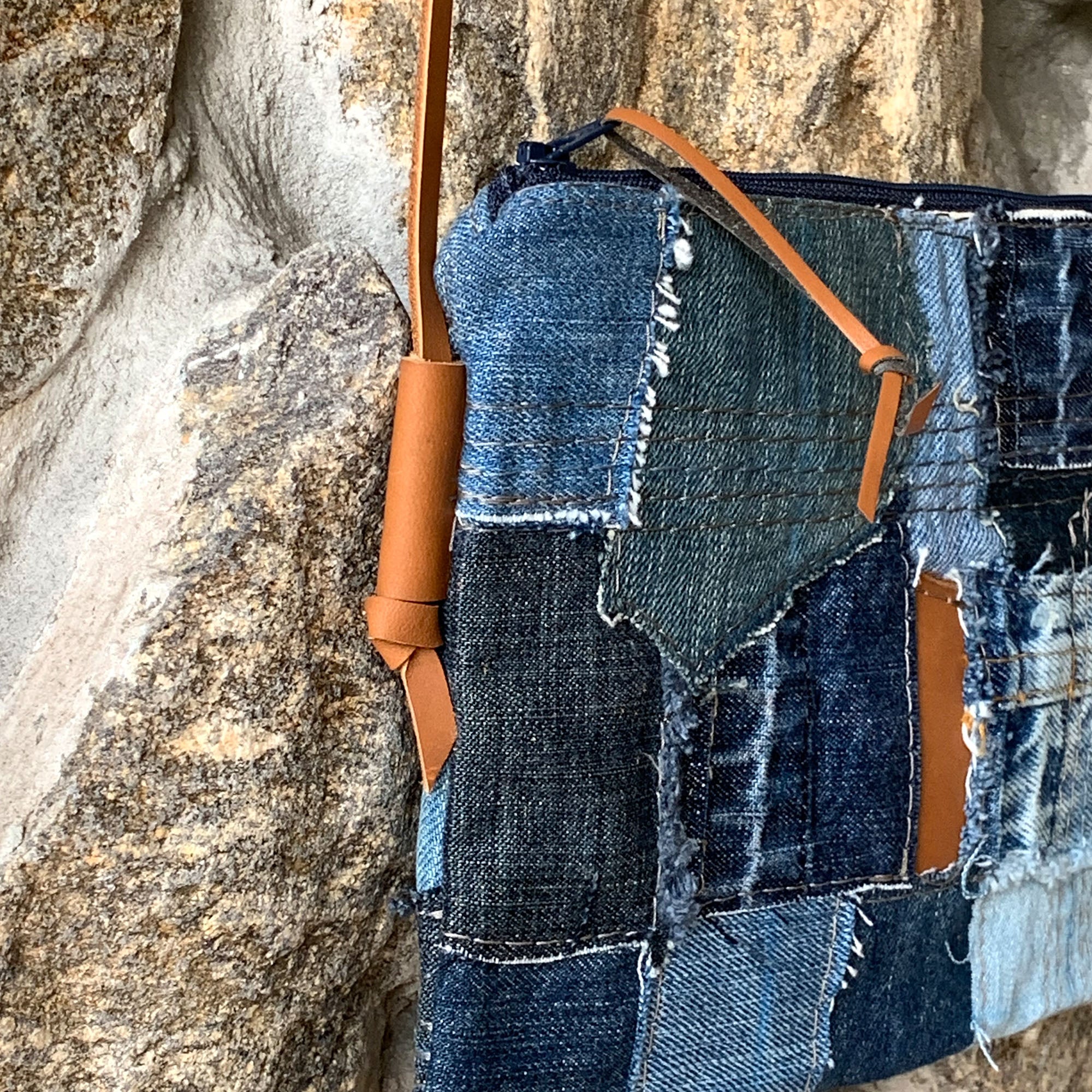 Juno Repurposed Denim &amp; Leather Zippered Crossbody - 1820 Bag Co.