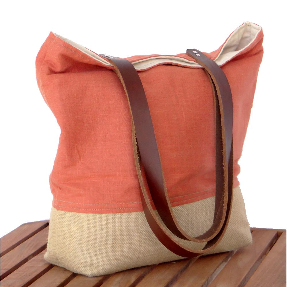 Panama Linen and Burlap Tote Bag - Orange and Burlap - 1820 Bag Co.