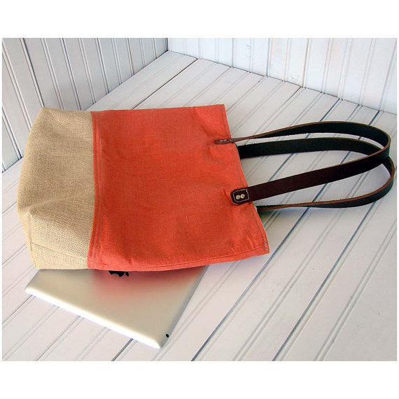 Panama Linen and Burlap Tote Bag - Orange and Burlap - 1820 Bag Co.