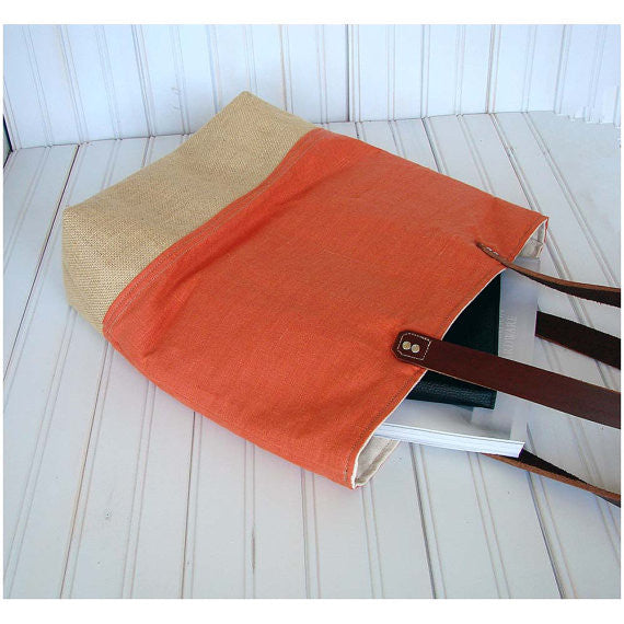 Panama Linen and Burlap Tote Bag - Orange and Burlap - 1820 Bag Co.